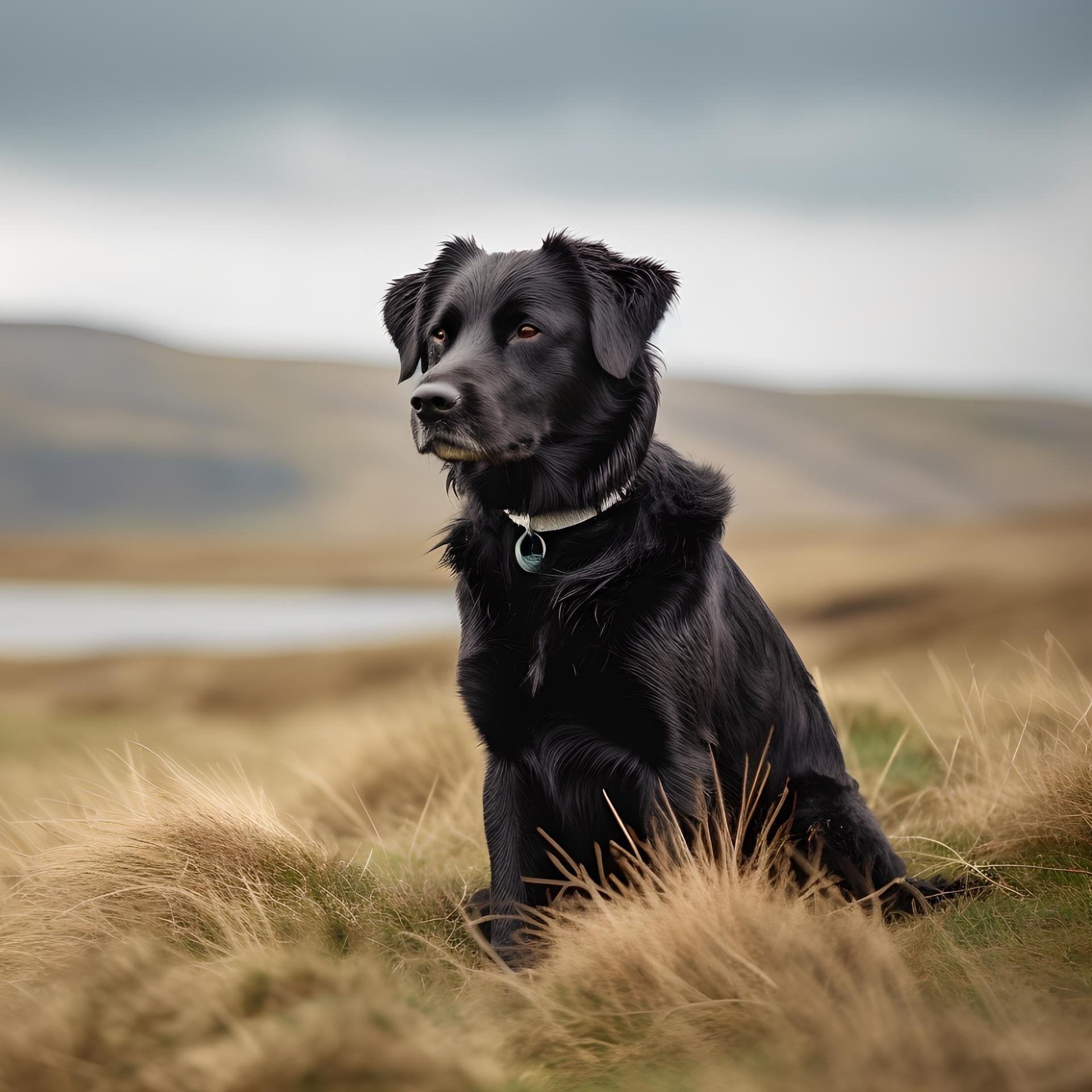 Older black golden retriever staring off camera on a field